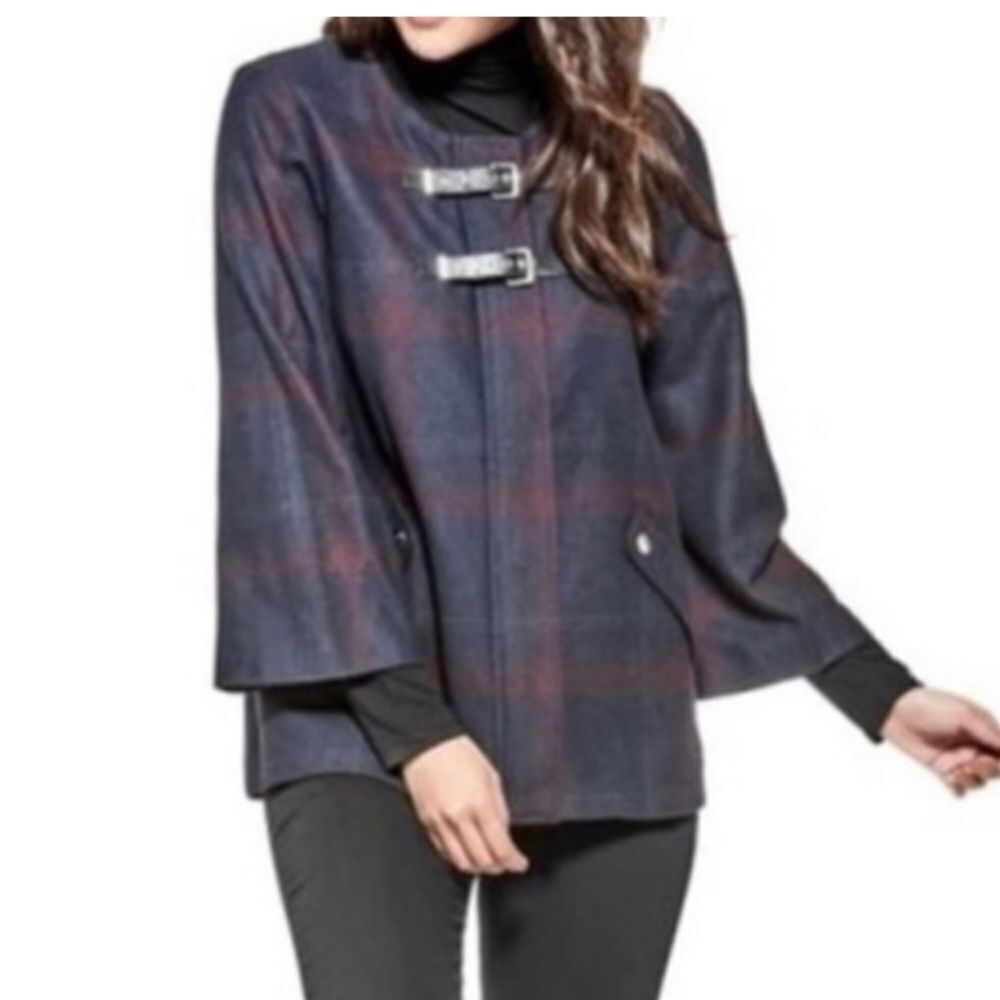GUESS Wool Blend Plaid Jacket - Navy and Burgundy Leather Accents Clousure